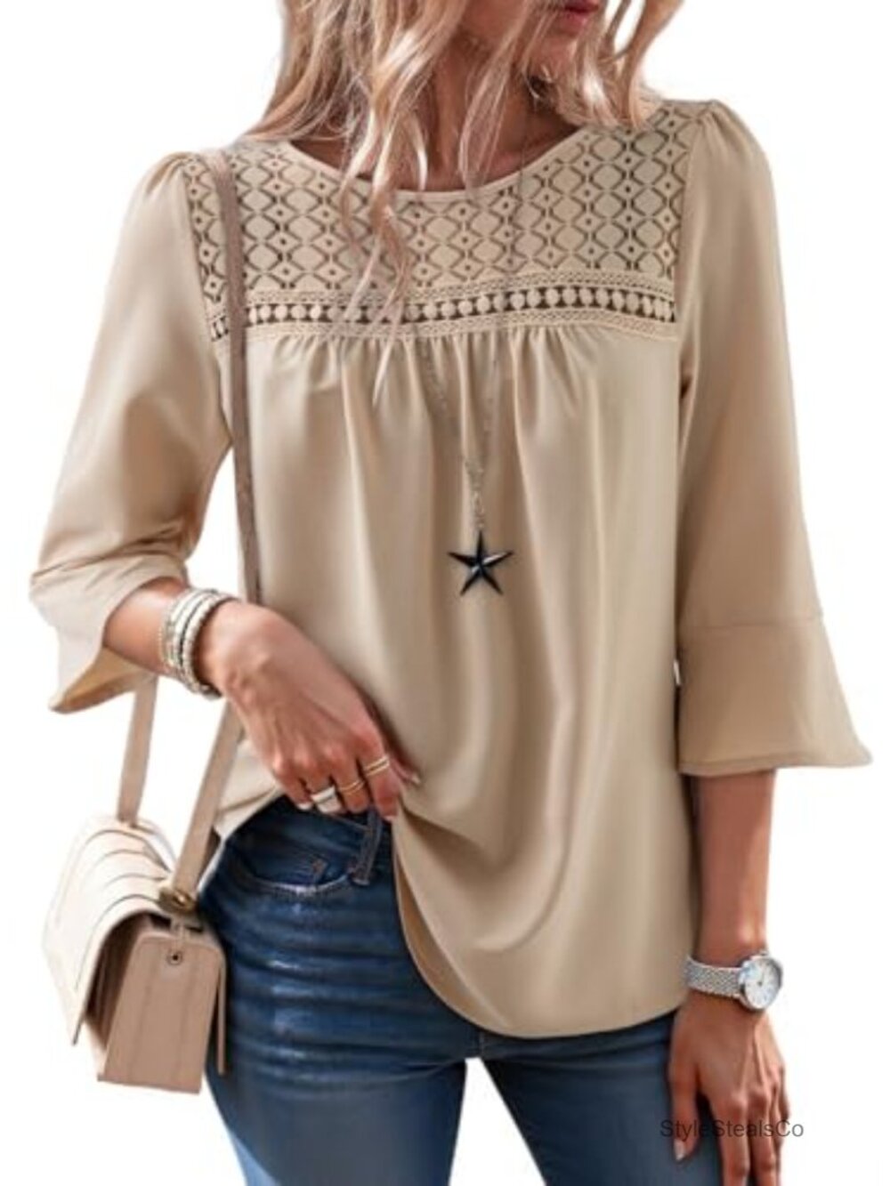 Dokotoo Women's 3/4 Sleeve Crewneck Ruffle Lace Boho Blouse Top